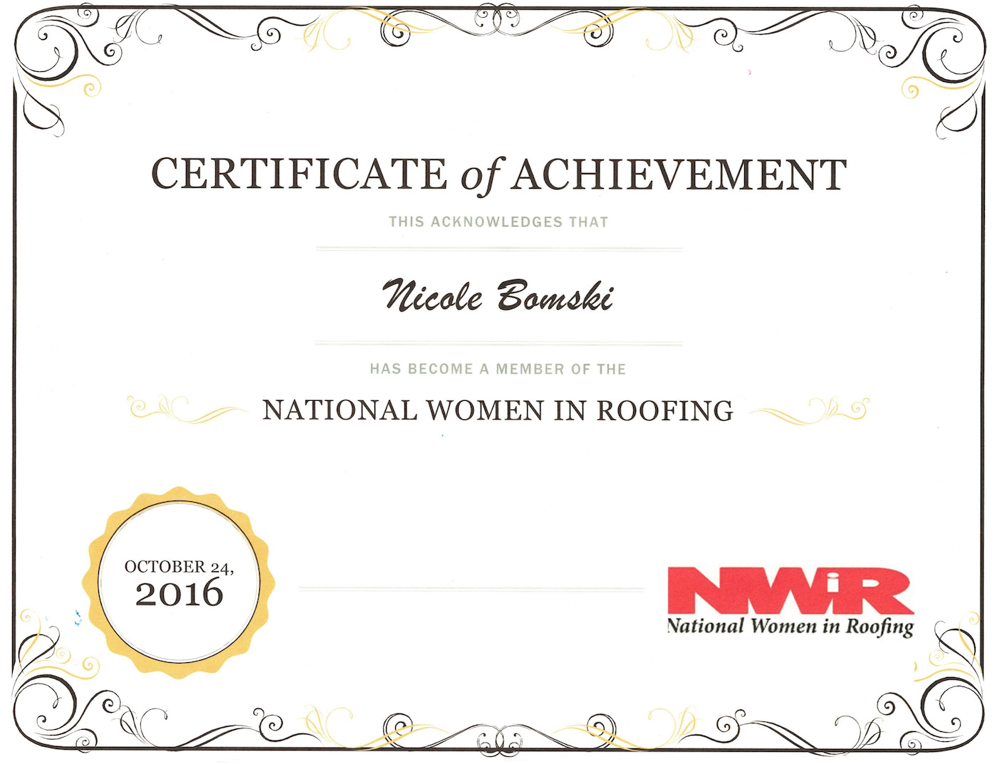 Nicole Bomski - NWIR Certificate
